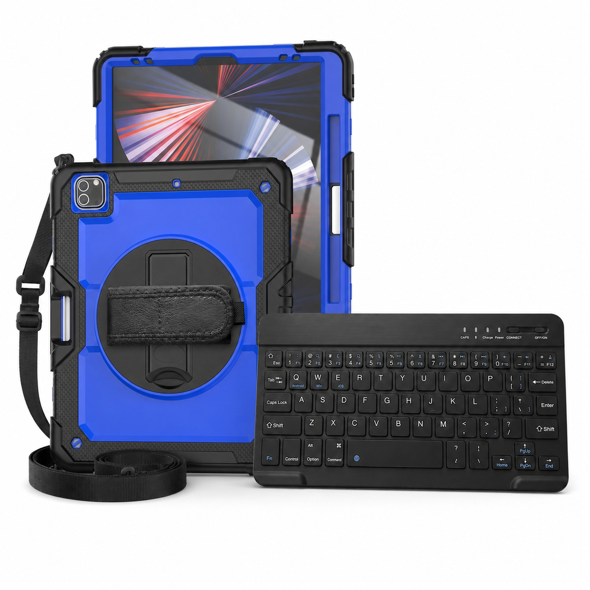 RhinoGuard WorkForce 360 iPad case in Blue / Black with exact original border color and included RhinoKeys Pro Black 10-inch wireless keyboard