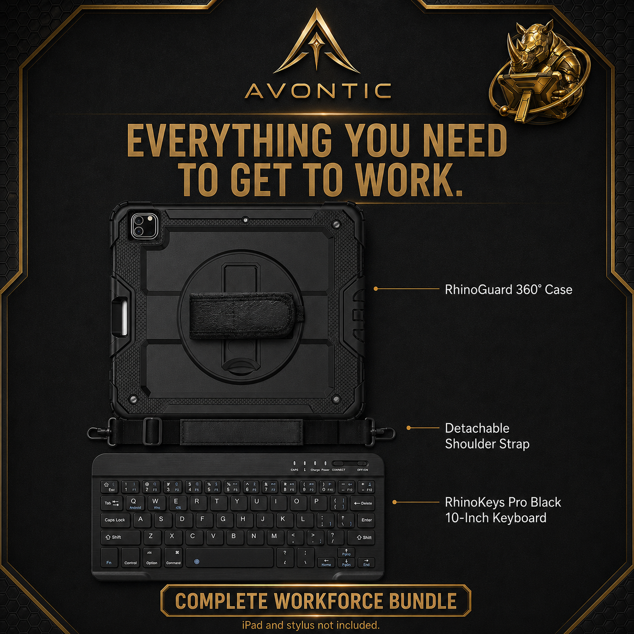 Avontic RhinoGuard WorkForce complete bundle contents with rugged case, detachable shoulder strap, RhinoKeys Pro Black 10-inch keyboard, official gold Avontic emblem and armored gold rhino