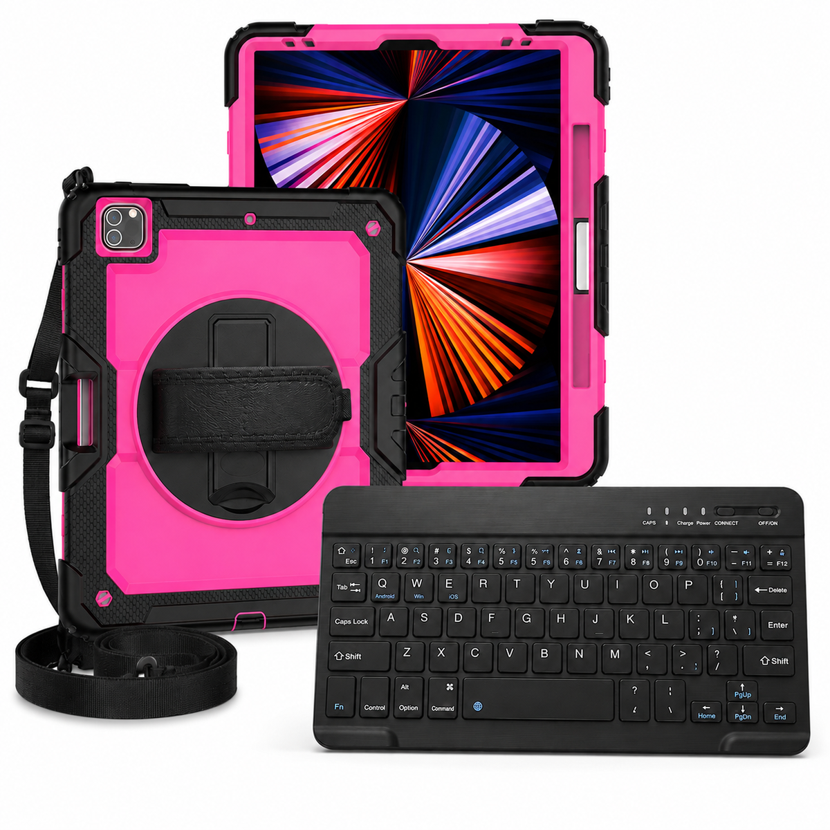 RhinoGuard WorkForce 360 iPad case in Rose Pink and Black with included RhinoKeys Pro Black 10-inch wireless keyboard