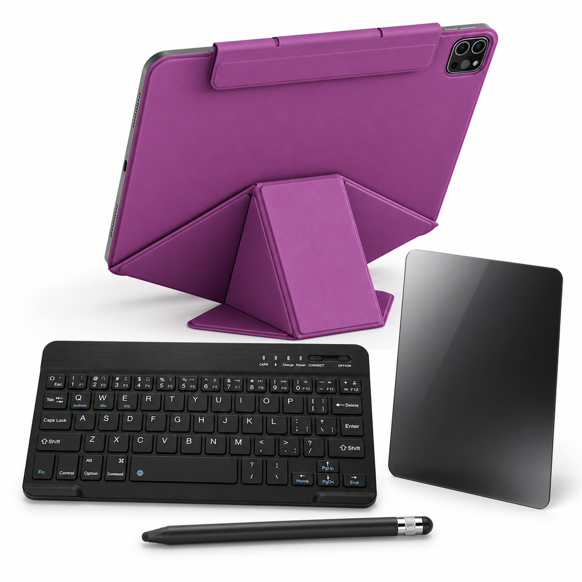 FormaLift Studio Complete — iPad Case + Keyboard, Stylus, Privacy Glass Bundle, Sunset Purple; all included bundle items on white. Representative iPad fit; tablet not included.