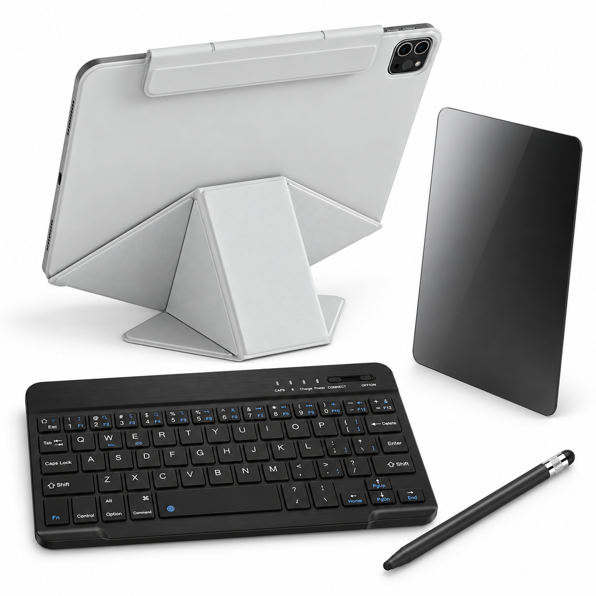 FormaLift Studio Complete — iPad Case + Keyboard, Stylus, Privacy Glass Bundle, Grey; all included bundle items on white. Representative iPad fit; tablet not included.