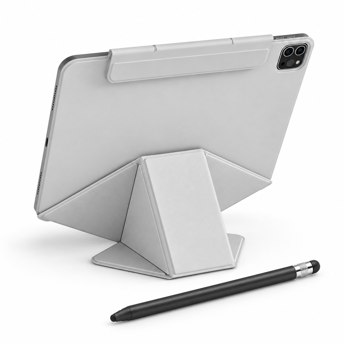 FormaLift Studio Create — iPad Case + Stylus Bundle, Grey; all included bundle items on white. Representative iPad fit; tablet not included.