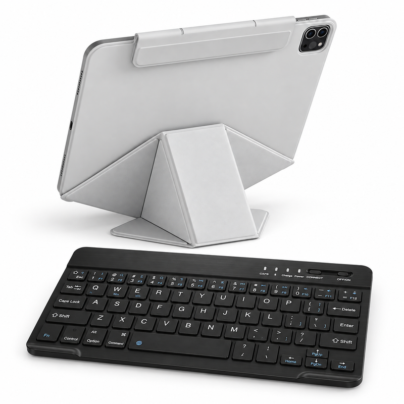 FormaLift Studio Work — iPad Case + Keyboard Bundle, Grey; all included bundle items on white. Representative iPad fit; tablet not included.