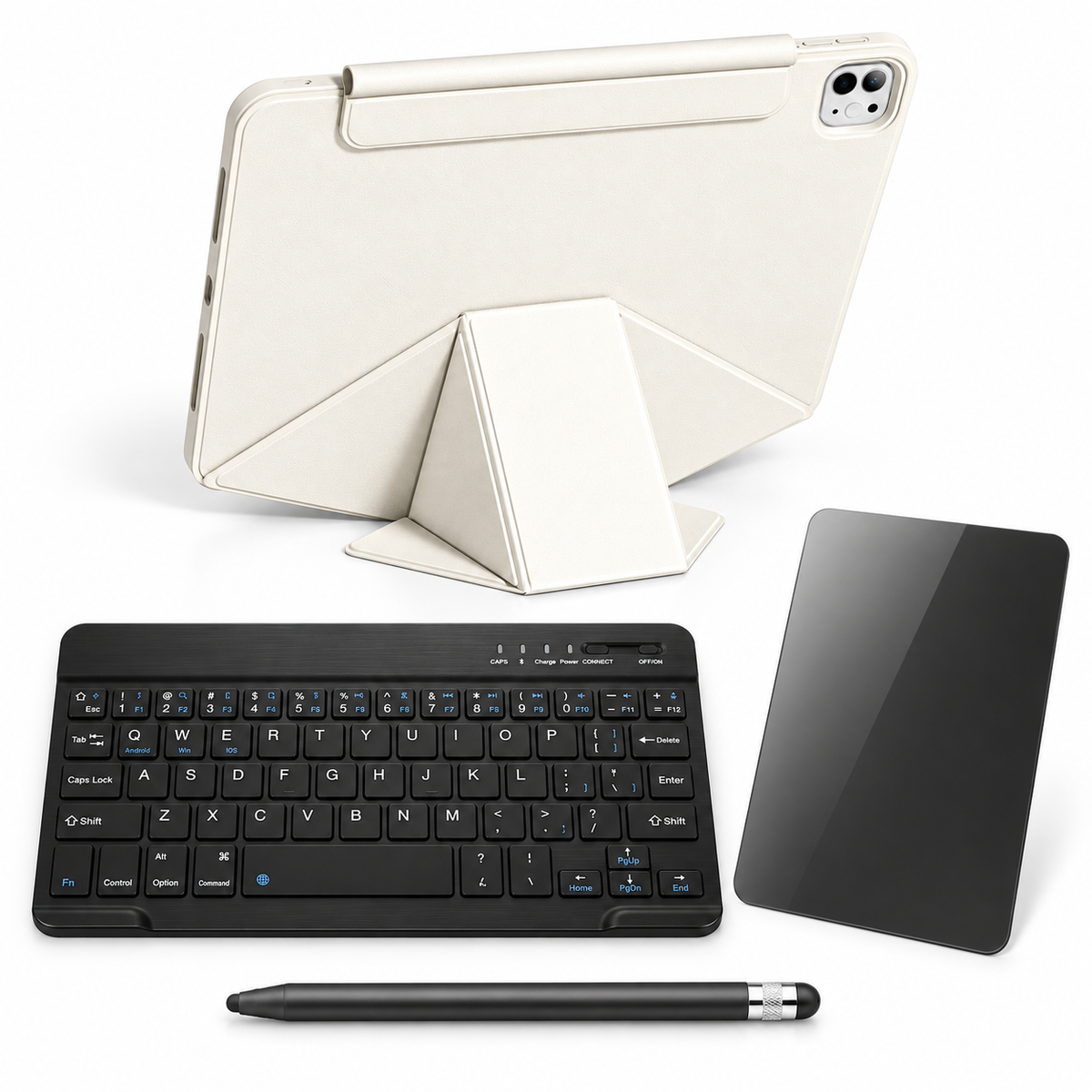 FormaLift Vista Complete — iPad Case + Keyboard, Stylus, Privacy Glass Bundle, Cream White; all included bundle items on white. Representative iPad fit; tablet not included.