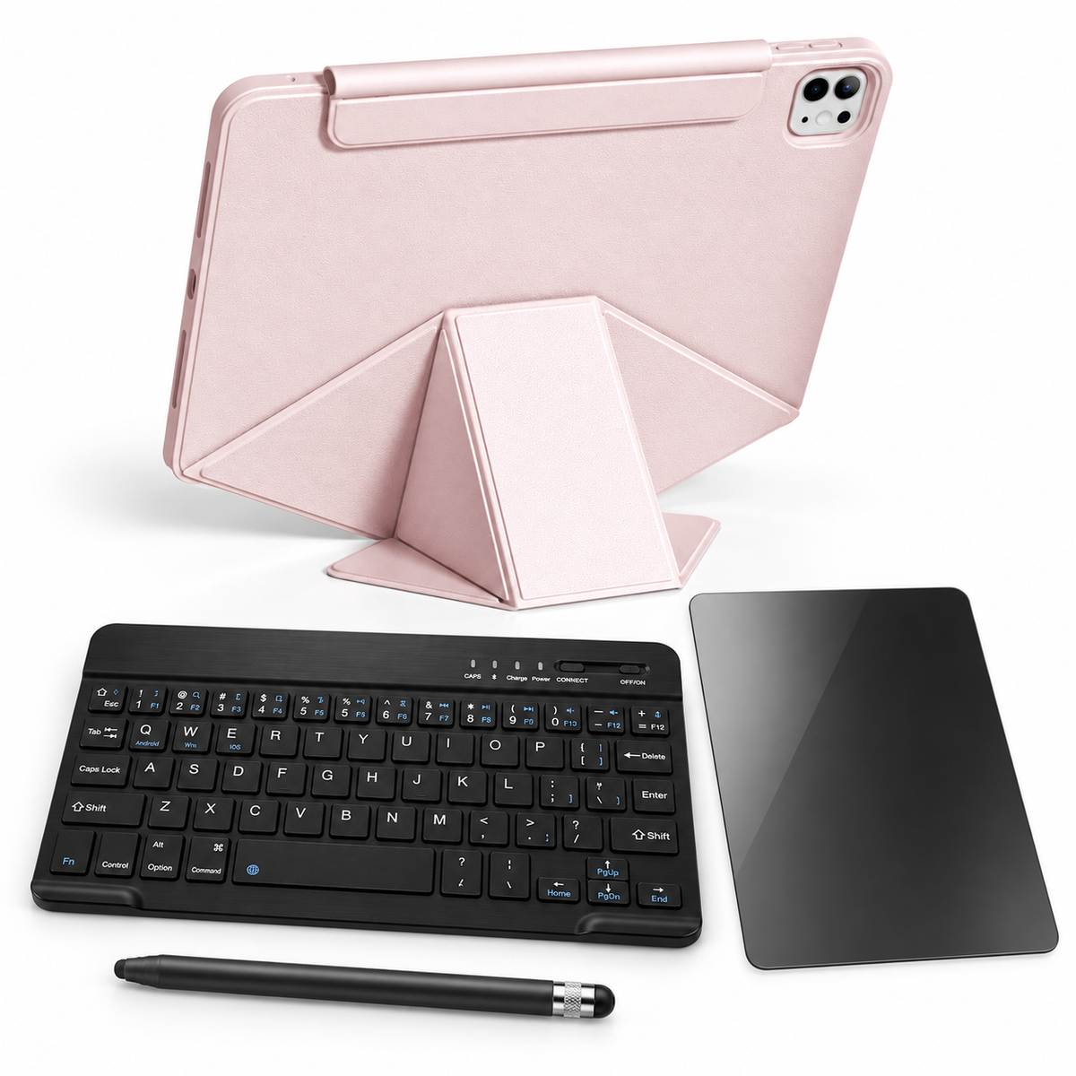 FormaLift Vista Complete — iPad Case + Keyboard, Stylus, Privacy Glass Bundle, Pink; all included bundle items on white. Representative iPad fit; tablet not included.