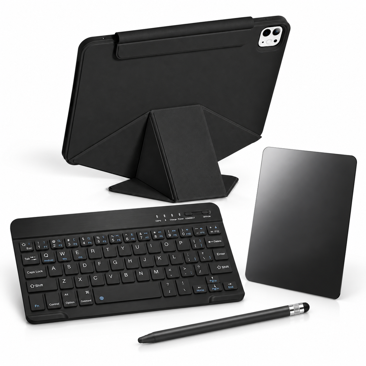 FormaLift Vista Complete — iPad Case + Keyboard, Stylus, Privacy Glass Bundle, Black; all included bundle items on white. Representative iPad fit; tablet not included.