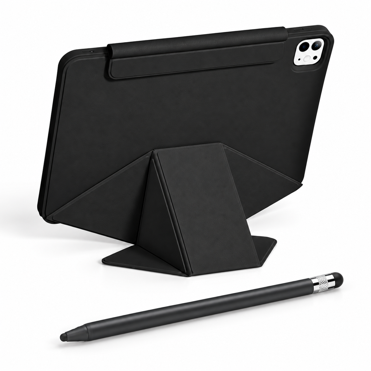 FormaLift Vista Create — iPad Case + Stylus Bundle, Black; all included bundle items on white. Representative iPad fit; tablet not included.