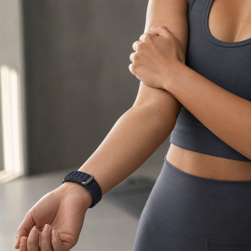 ArmorMag Elite midnight black Fitbit Air case-band worn in a wellness studio