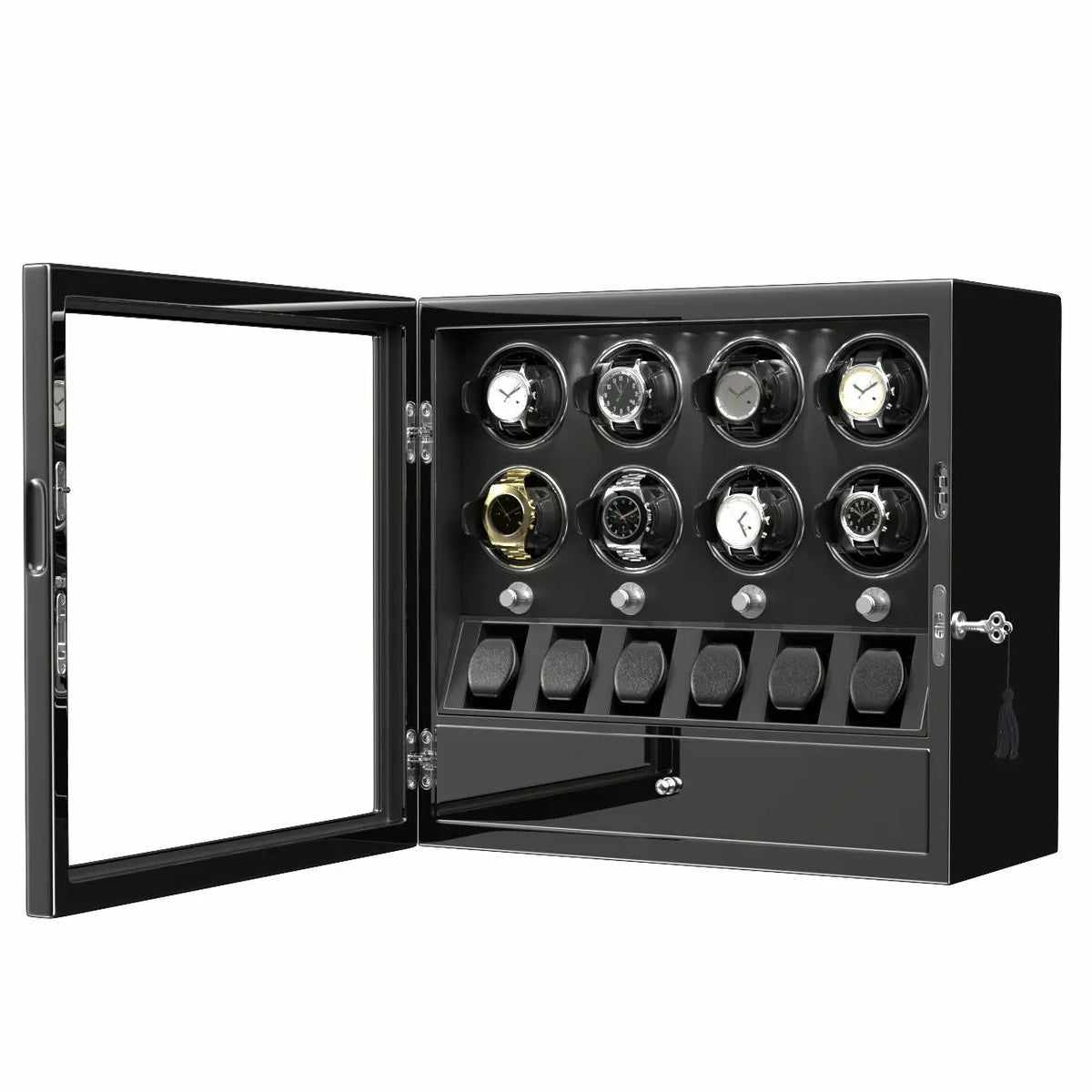 Watch Winder for 8 Automatic Watches Box with 6 Watch Storage Display Jewelry Collector Mabuchi Motor Patented Design - Black Avontic