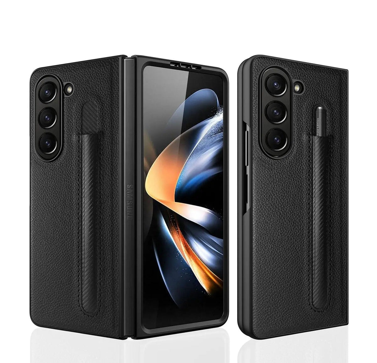 For Samsung Galaxy Z Fold 5 Lychee Leather Case Business with S-Pen Slot & Built-in Tempered Glass Folding Protection Cover Avontic