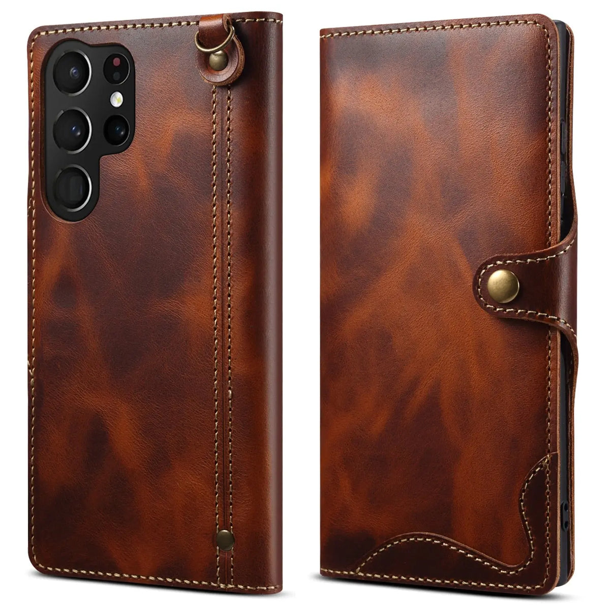 For Samsung Galaxy S23 S22 Ultra S21 S20 S10 Plus S9 Note 8 9 10 20 100% Real Cowhide Leather Case Vintage Card Bag Wallet Cover - Avontic