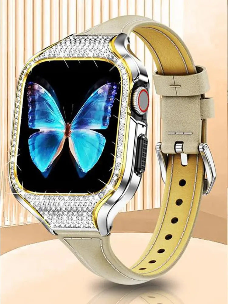 Diamond Luxe Steel Case and Leather Band for Apple Watch - Pinnacle Luxuries
