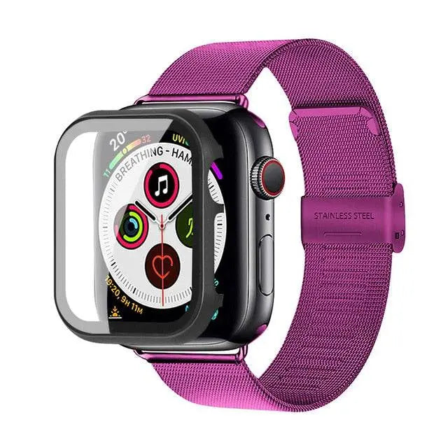 Apple Watch Stainless Steel Mesh Band With Stainless Steel Tempered Glass Screen Protection - Avontic
